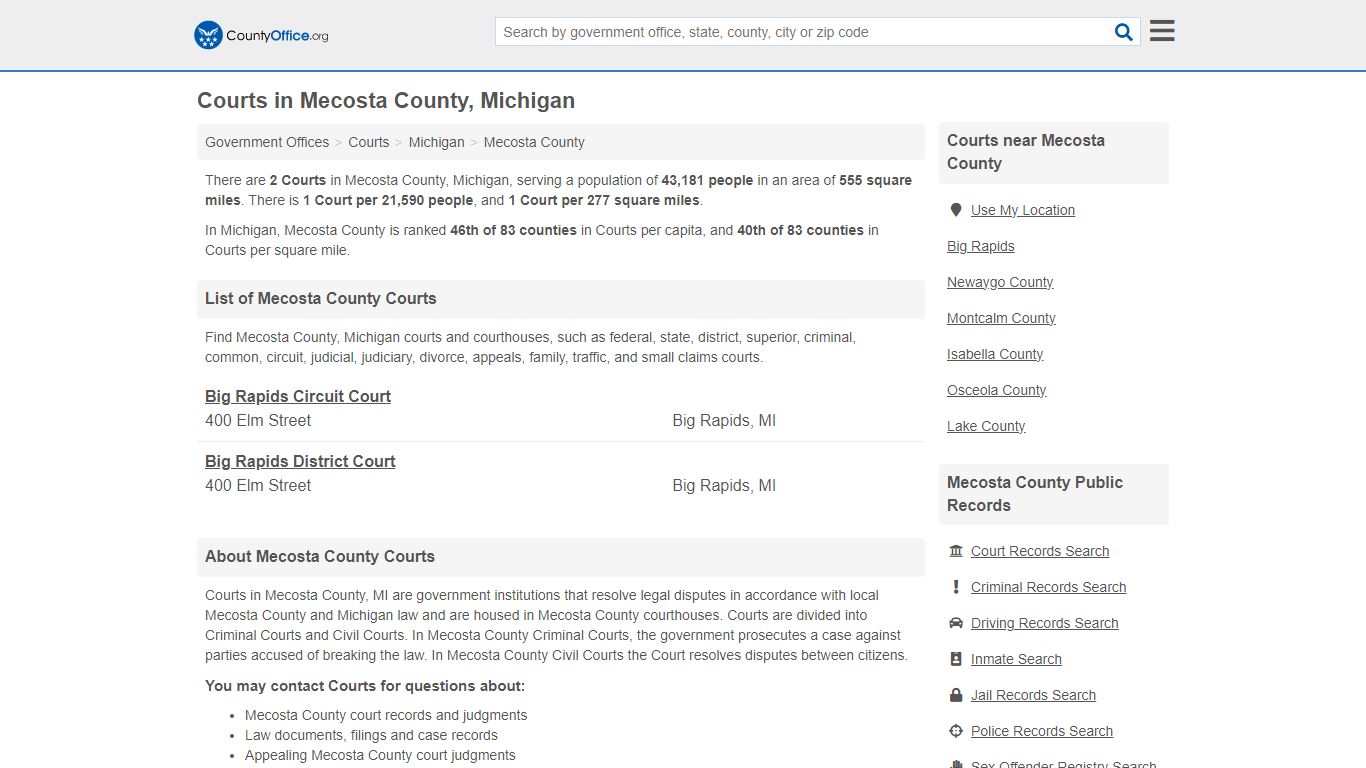 Courts - Mecosta County, MI (Court Records & Calendars)